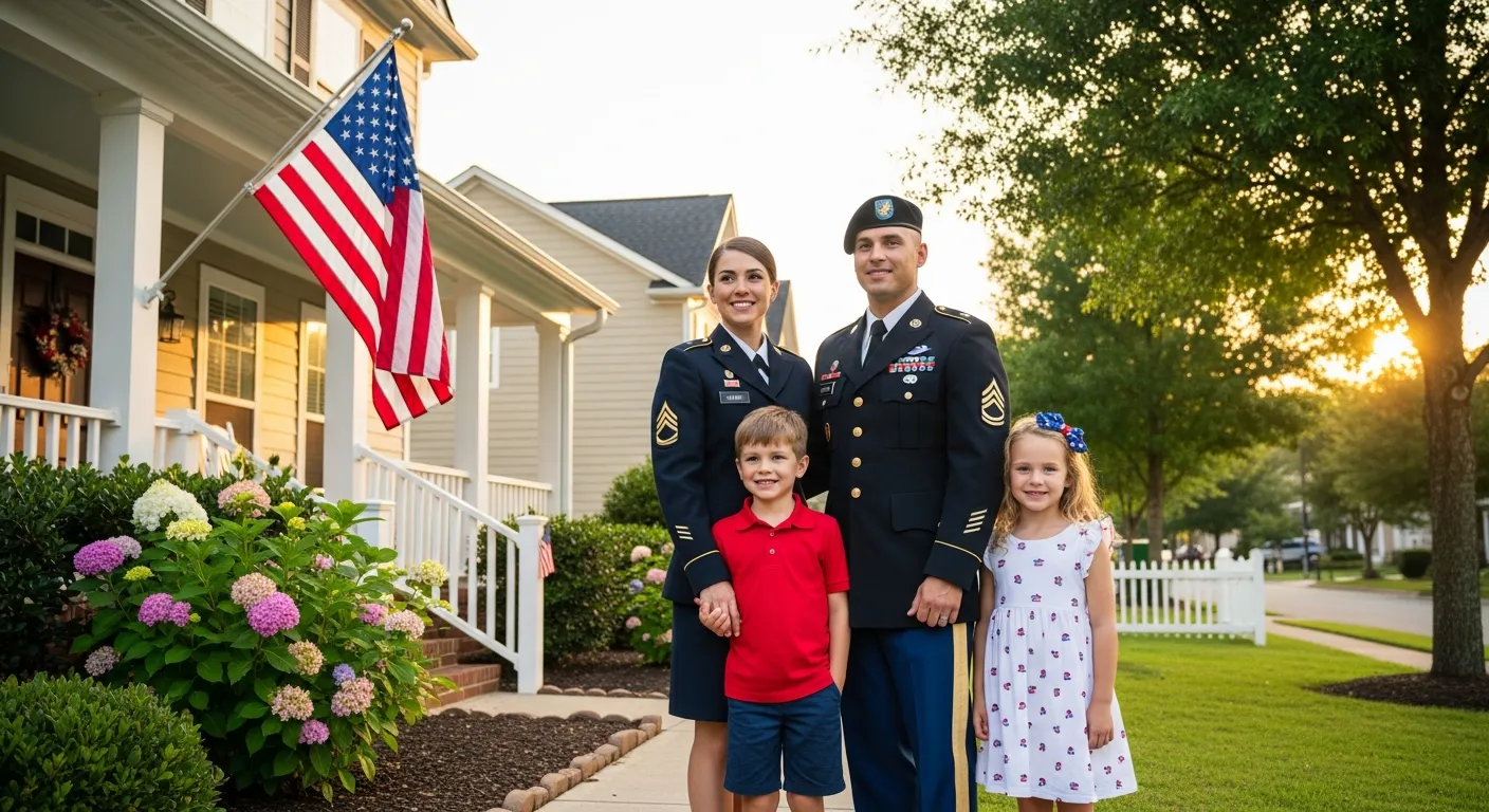 Military family in front of their Fort Stewart area home